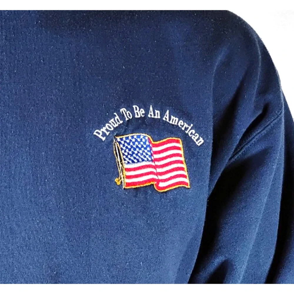 American Flag Embroidered Crewneck Pullover Sweatshirt Navy Mens L Patriotic